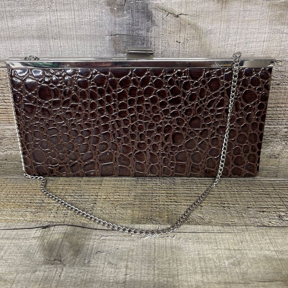 Apostrophe Clutch Purse Brown With Silver Chain Strap